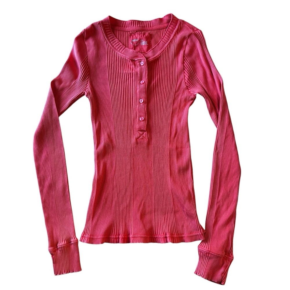 Aerie Road Trip Long Sleeve Henley Coral Ribbed Lounge Comfy Size Medium - Picture 2 of 8
